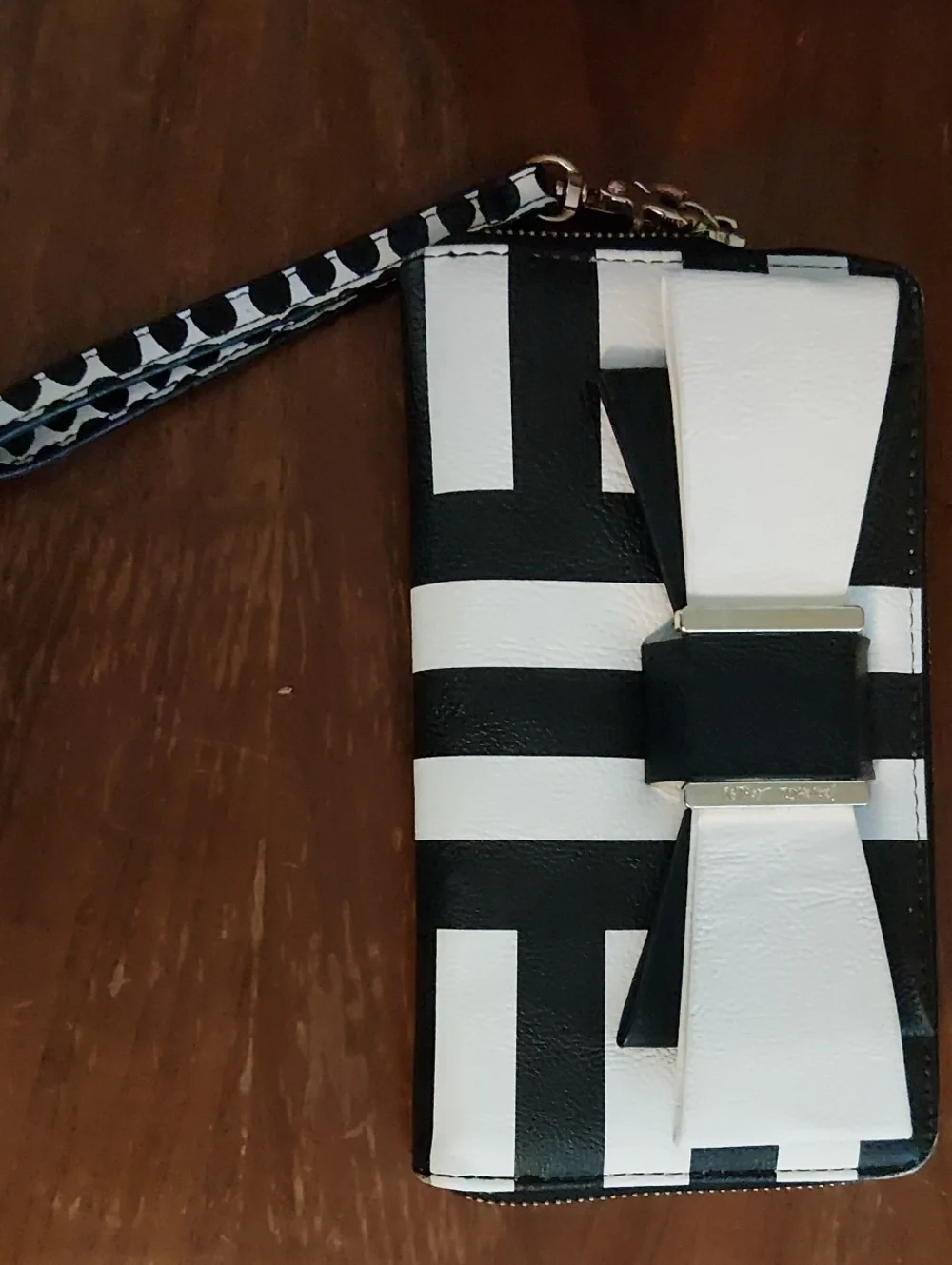 Betsey Johnson Black and White Striped Wristlet with Bow Detail